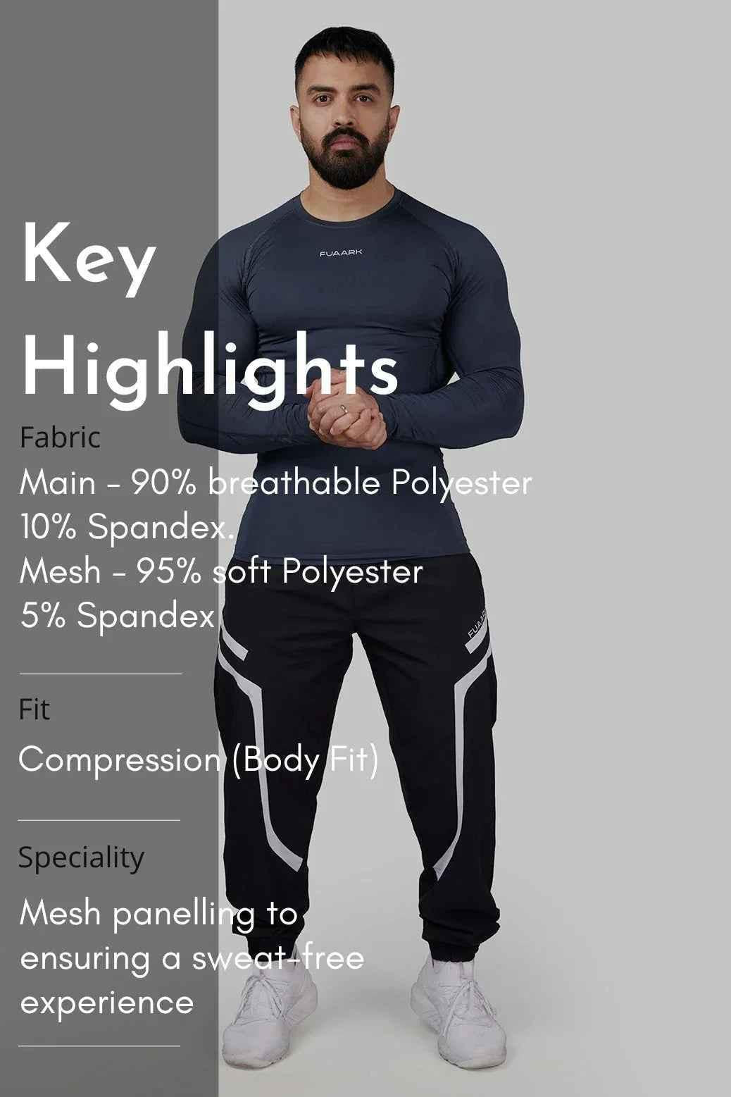 Fuaark Nz Compression 2.0 Grey Full Sleeves T-shirt, close-up of soft fabric and fitted design, ideal for active wear.