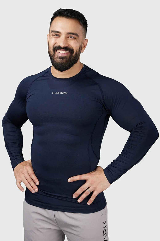 Navy Compression 2.0 Full Sleeves T-shirt by Fuaark Nz, stretchy athletic T-shirt with long sleeves for active wear.