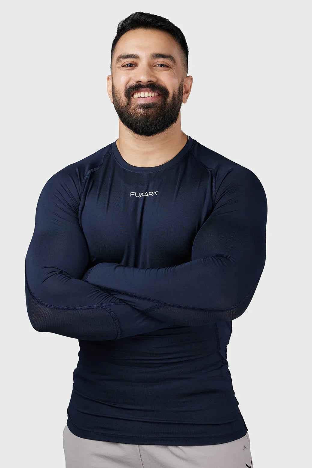 Navy Compression 2.0 Full Sleeves T-Shirt by Fuaark NZ, made of stretchy, athletic fabric for active wear and comfort.