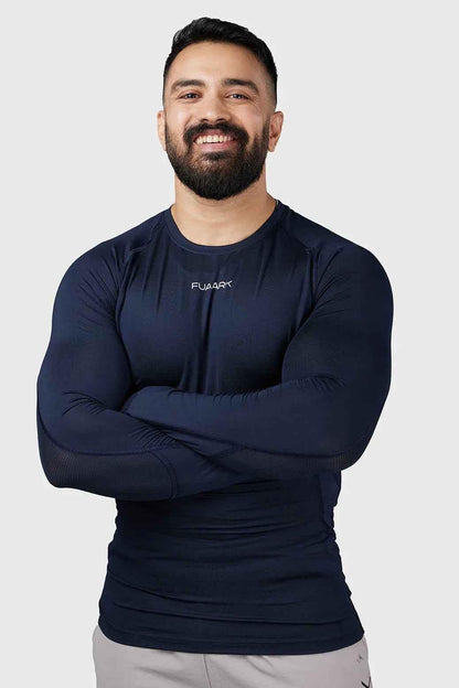 Navy Compression 2.0 Full Sleeves T-Shirt by Fuaark NZ, made of stretchy, athletic fabric for active wear and comfort.