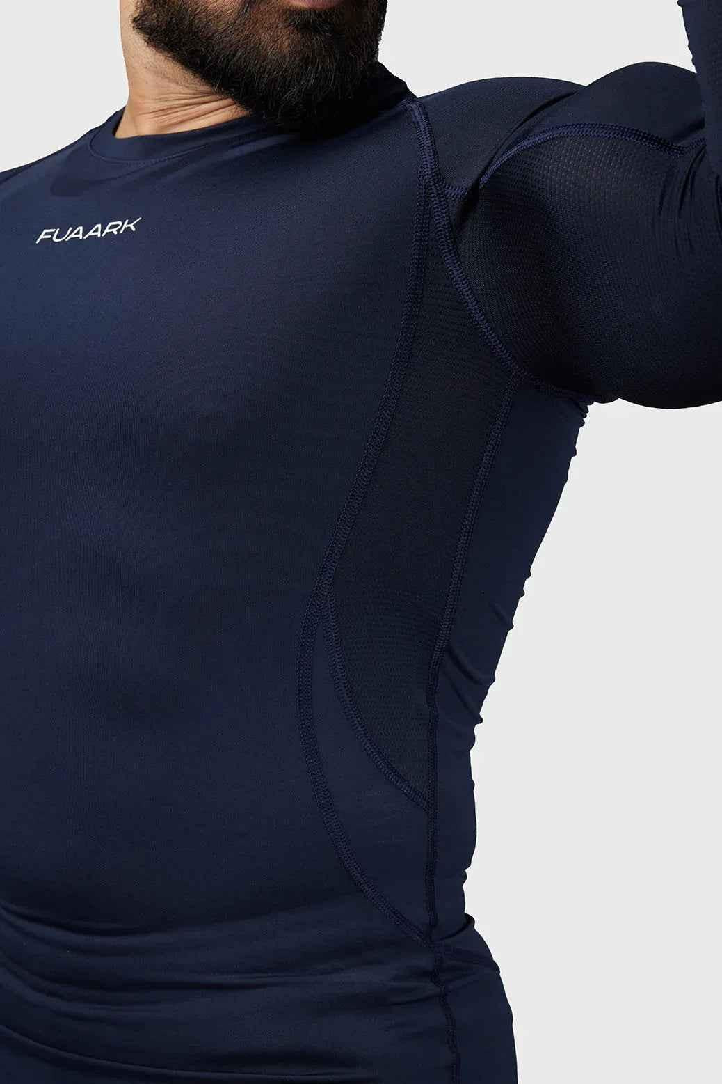 Navy Compression 2.0 Full Sleeves T-shirt by Fuaark Nz, showcasing a fitted, athletic design with full-length sleeves.