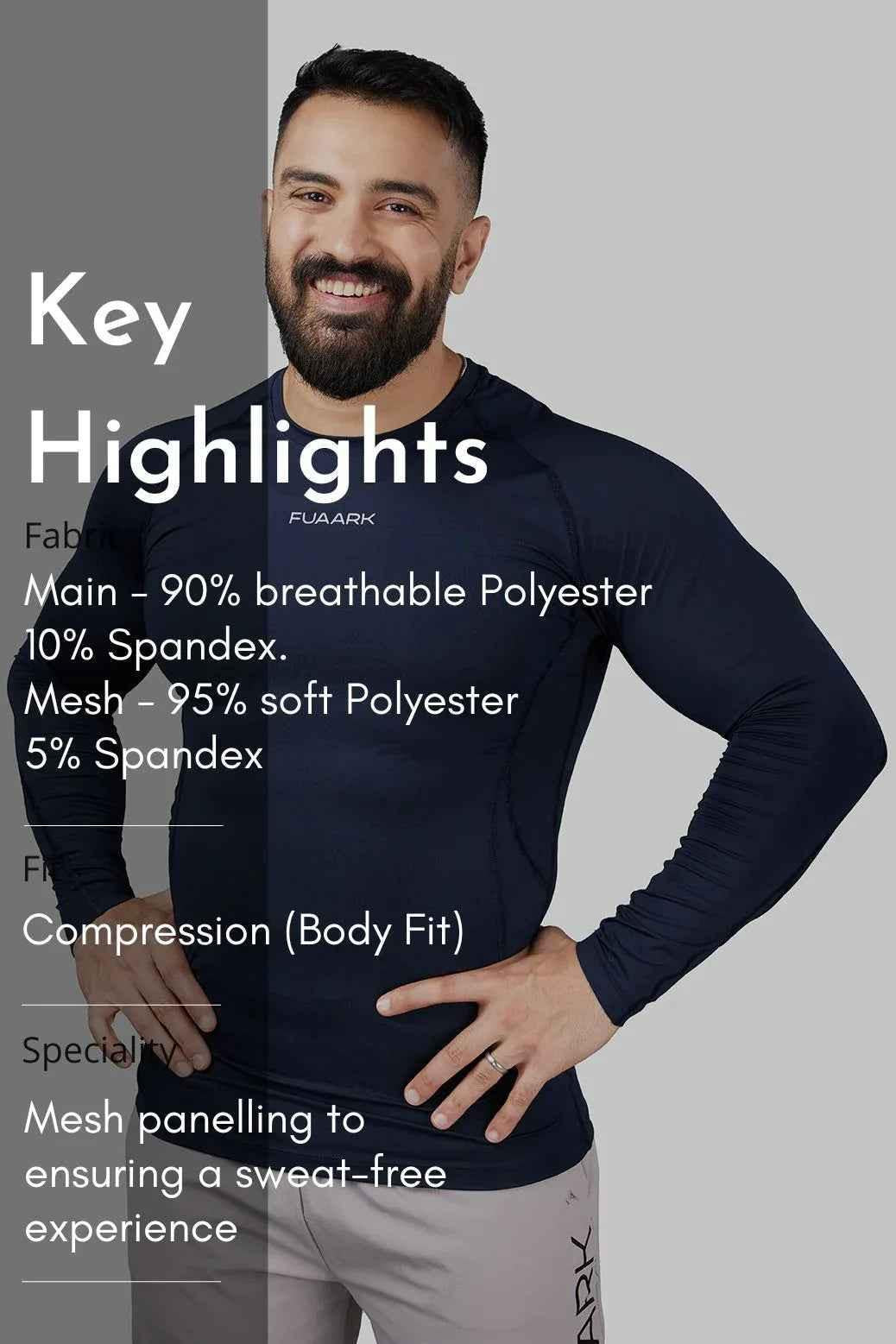 Navy Compression 2.0 Full Sleeves T-shirt by Fuaark Nz, made of stretchy fabric with a fitted design for active wear.