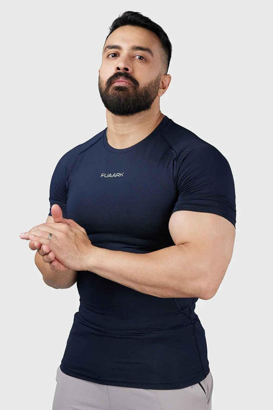 Navy Compression 2.0 T-shirt by Fuaark Nz, close-up showing fitted athletic T-shirt with logo detail.