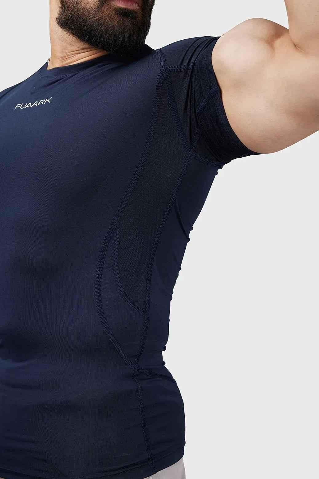 Navy Compression 2.0 T-shirt by Fuaark Nz, close-up of fitted athletic T-shirt with logo on chest.