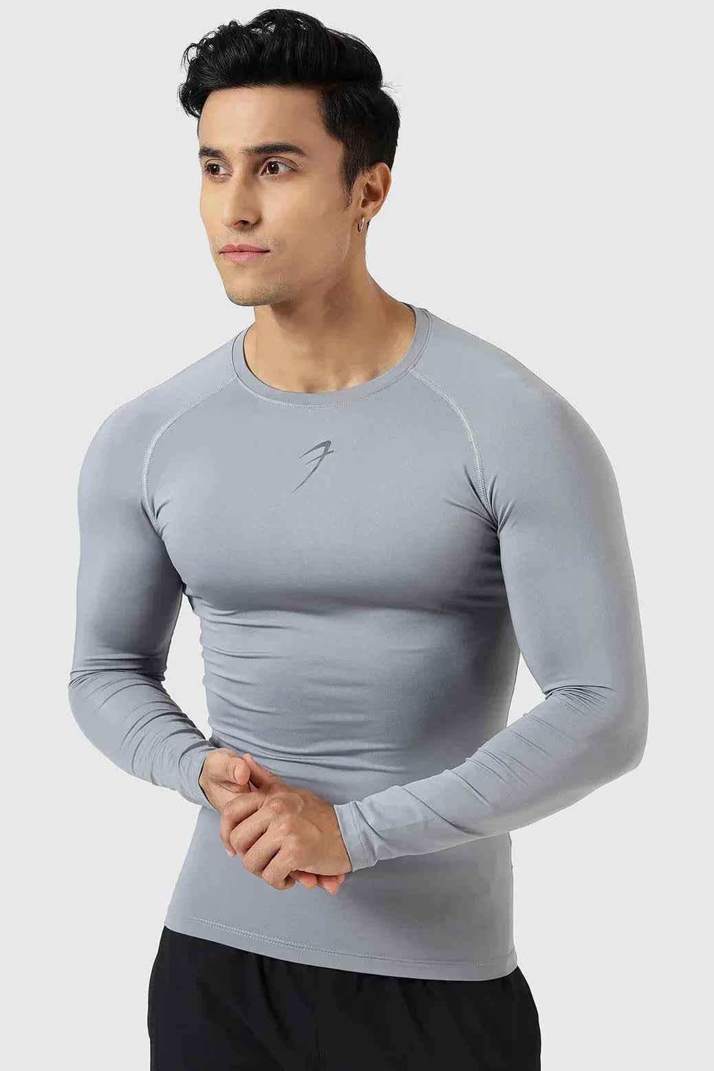 Sea grey compression full sleeves T-shirt by Fuaark NZ, designed for support and comfort, shown on a plain background.
