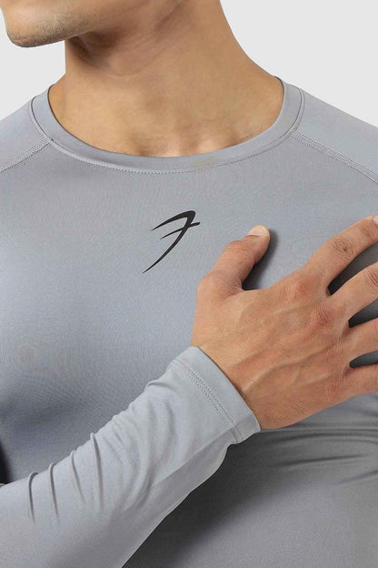 Fuaark NZ compression full sleeves T-shirt in Sea Grey, designed for support and comfort, shown on a model.