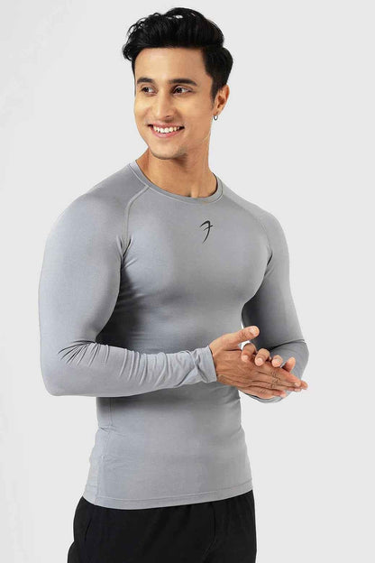 Fuaark Nz compression full sleeves T-shirt in Sea Grey, designed for support and comfort, shown on a model.