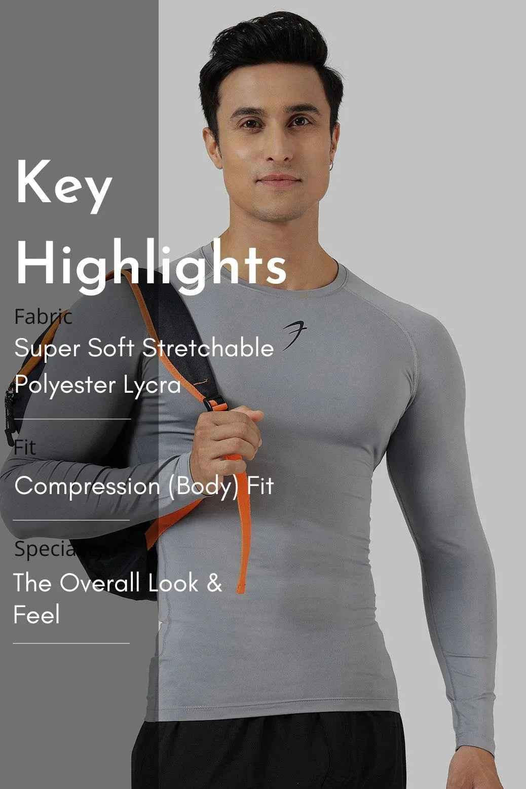 Fuaark Nz compression full sleeves T-shirt in Sea Grey, designed for support and comfort, shown on a model.