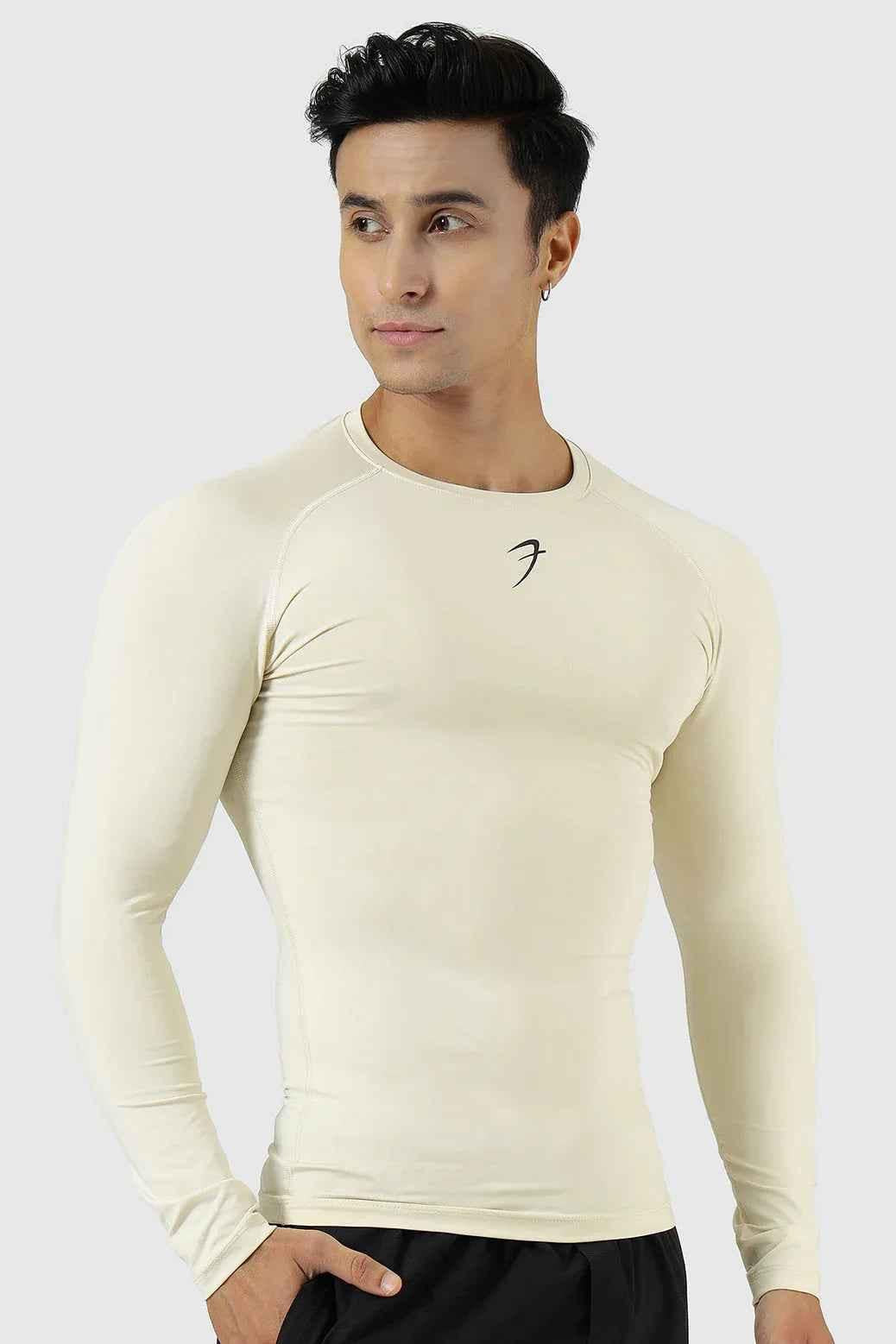 Beige Fuaark NZ compression full-sleeves T-shirt, casual fit, lightweight fabric, styled for active or everyday wear.