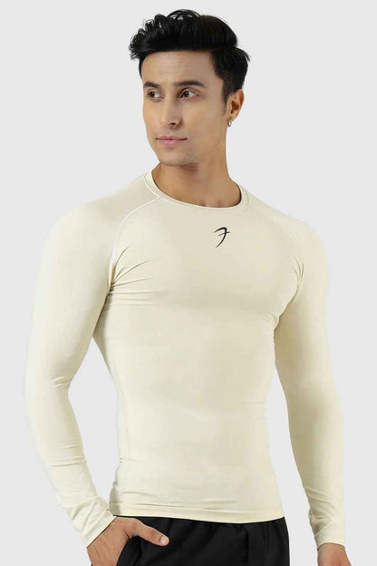 Beige Fuaark NZ compression full-sleeves T-shirt, casual fit, lightweight fabric, styled for active or everyday wear.