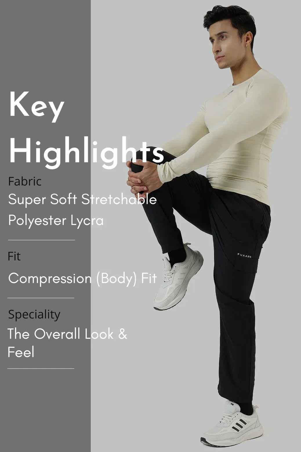 Beige compression full-sleeves T-shirt by Fuaark Nz, made from stretchy, form-fitting fabric with a sleek design.