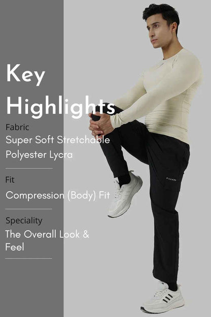 Beige compression full-sleeves T-shirt by Fuaark Nz, made from stretchy, form-fitting fabric with a sleek design.