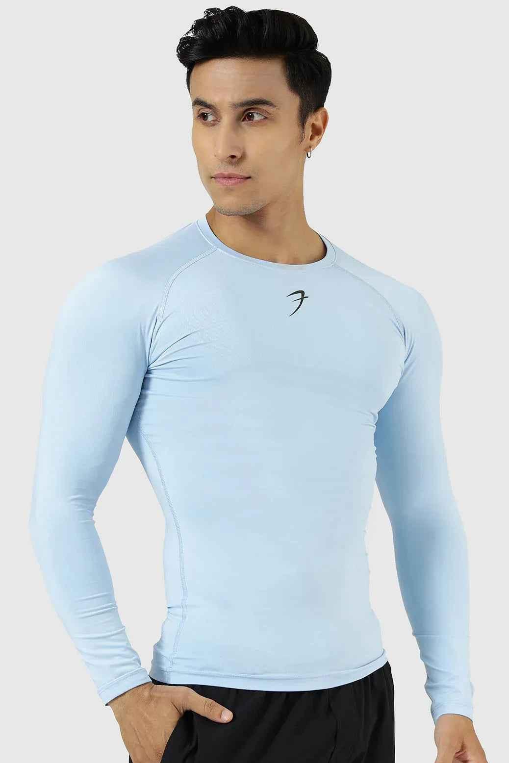 Fuaark NZ compression fullsleeves T-shirt in Glacial Blue, close-up view of lightweight, fitted athletic T-shirt with long sleeves.