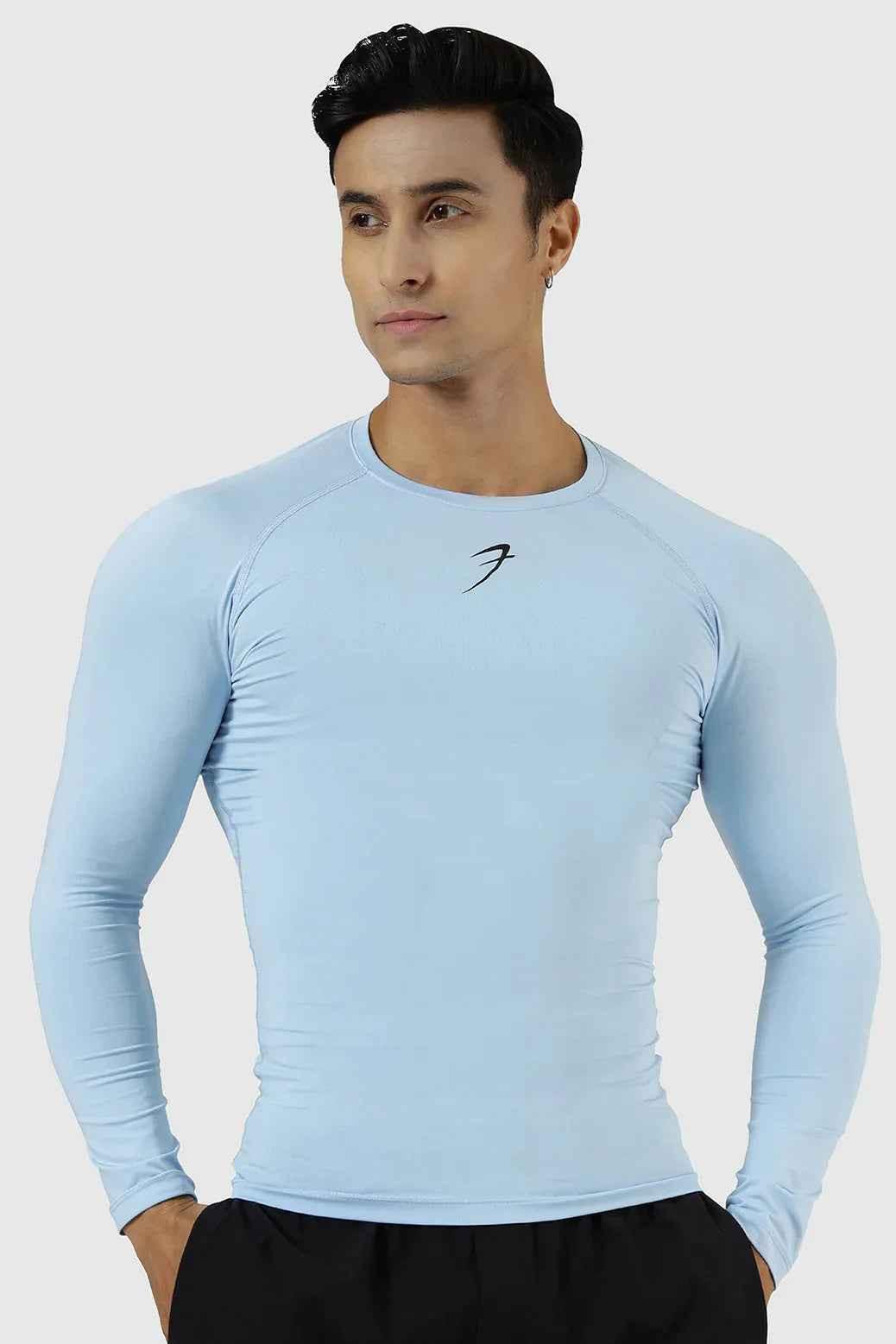 Fuaark Nz compression fullsleeves T-shirt in Glacial Blue, close-up of lightweight fabric and fitted design.