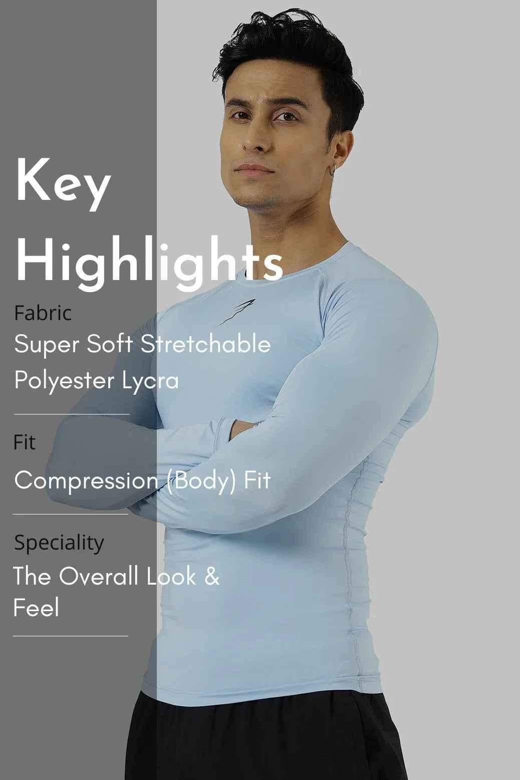 Fuaark Nz compression full-sleeves T-shirt in Glacial Blue, made of stretchy fabric for athletic performance and comfort.