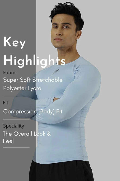 Fuaark Nz compression full-sleeves T-shirt in Glacial Blue, made of stretchy fabric for athletic performance and comfort.