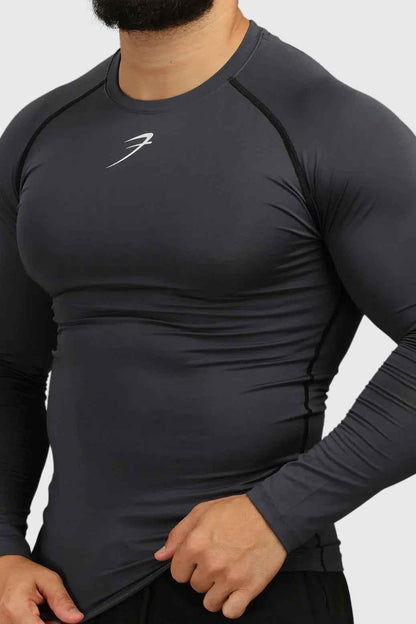 Gray Fuaark NZ compression fullsleeves T-shirt, close-up view of the fitted, athletic-style shirt for men.
