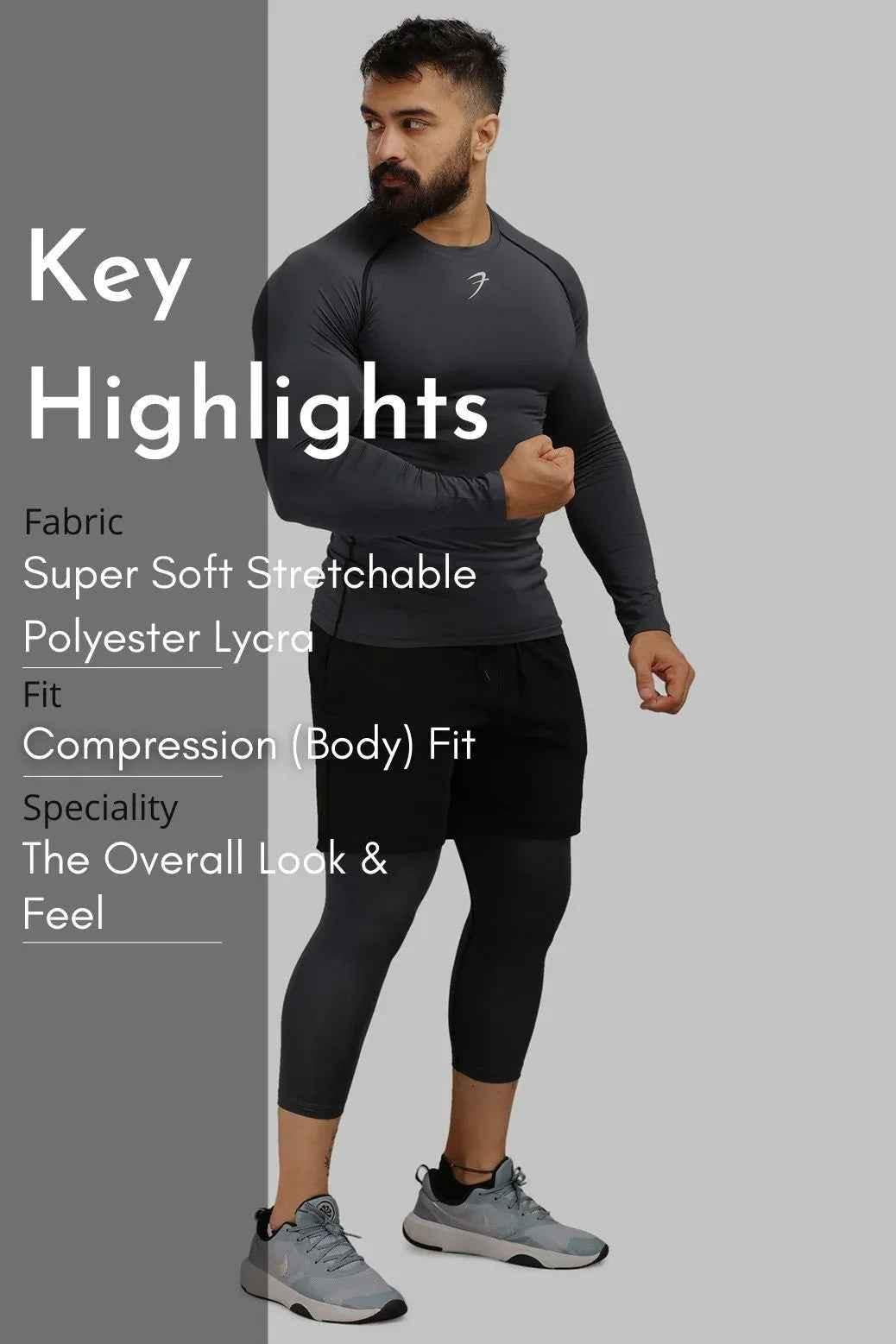 Grey compression full-sleeves T-shirt by Fuaark Nz, designed for athletic support and comfort.