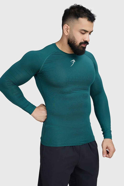 Fuaark NZ compression fullsleeves T-shirt in emerald green, designed for comfort and performance, shown flat on a white background.