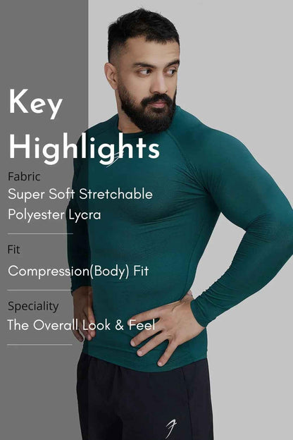 Fuaark Nz compression fullsleeves T-shirt in emerald green, designed for comfort and performance, shown on a mannequin.