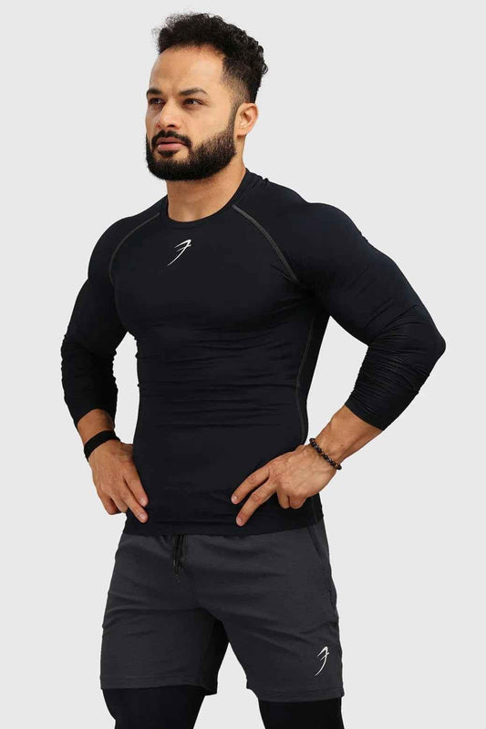 Navy compression full-sleeves T-shirt by Fuaark Nz, fitted sports T-shirt with long sleeves for active wear.
