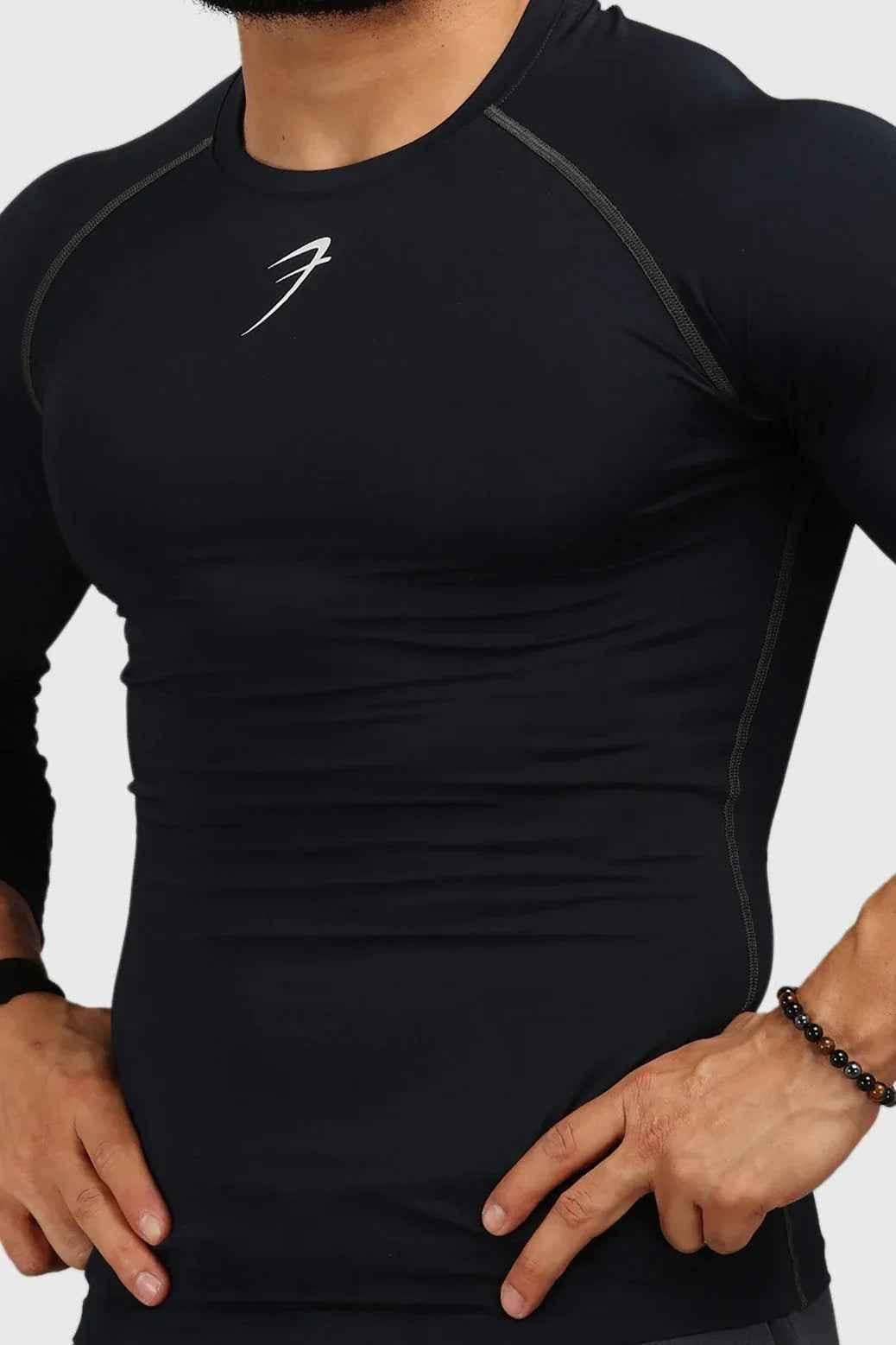 Navy compression fullsleeves T-shirt by Fuaark NZ, close-up of fabric and fit on a mannequin.