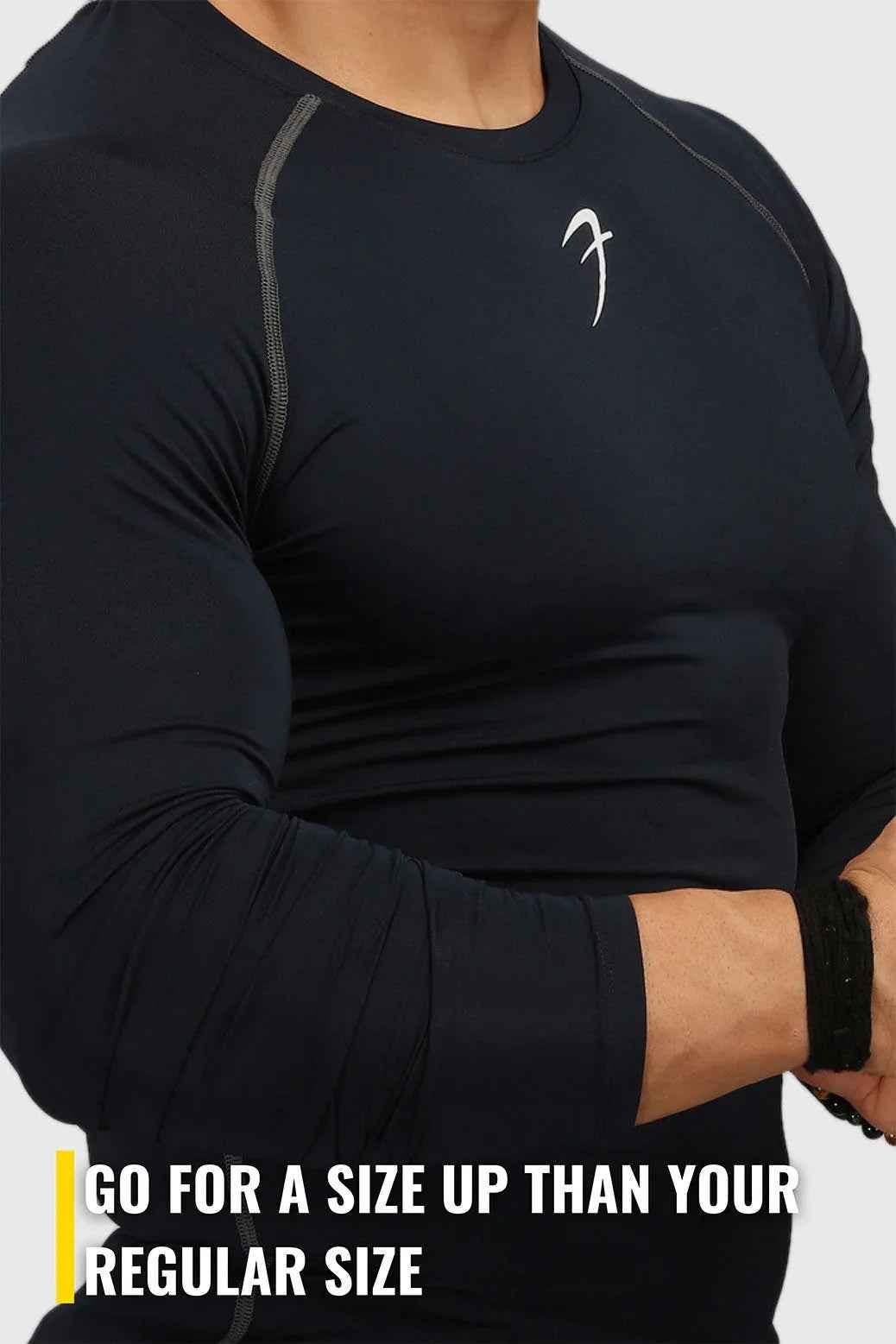 Navy compression full-sleeves T-shirt by Fuaark Nz, shown flat with smooth fabric and fitted design.
