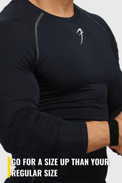 Navy compression full-sleeves T-shirt by Fuaark Nz, shown flat with smooth fabric and fitted design.