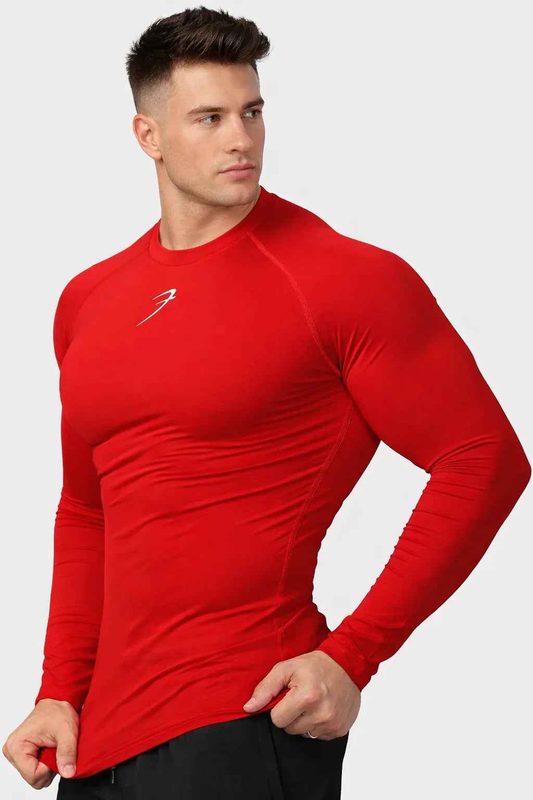 Red Fuaark Nz compression full-sleeves T-shirt, designed for active wear, featuring a snug fit and breathable fabric.
