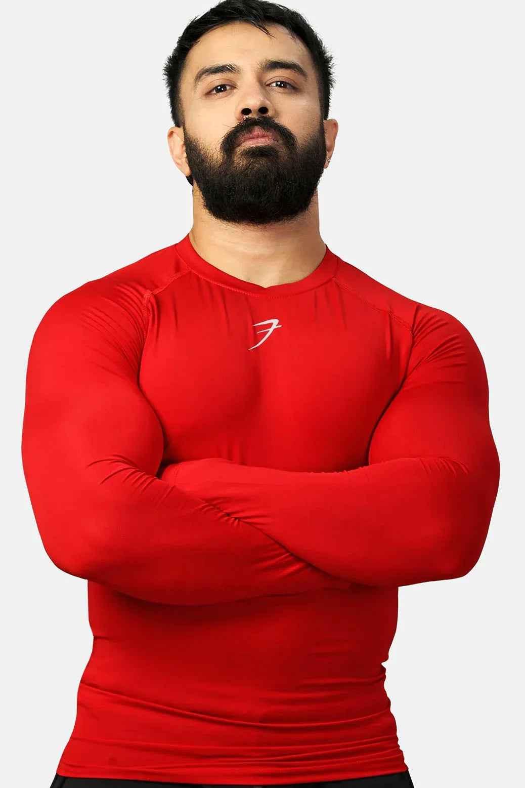 Red compression fullsleeves T-shirt by Fuaark Nz, shown on a mannequin with close-up of fabric and fit details.