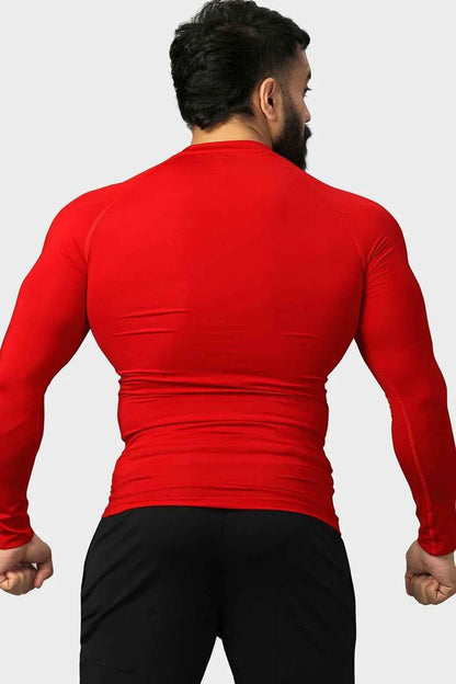 Red Fuaark Nz compression fullsleeves T-shirt showing close-up of fabric and fitted design on a mannequin.