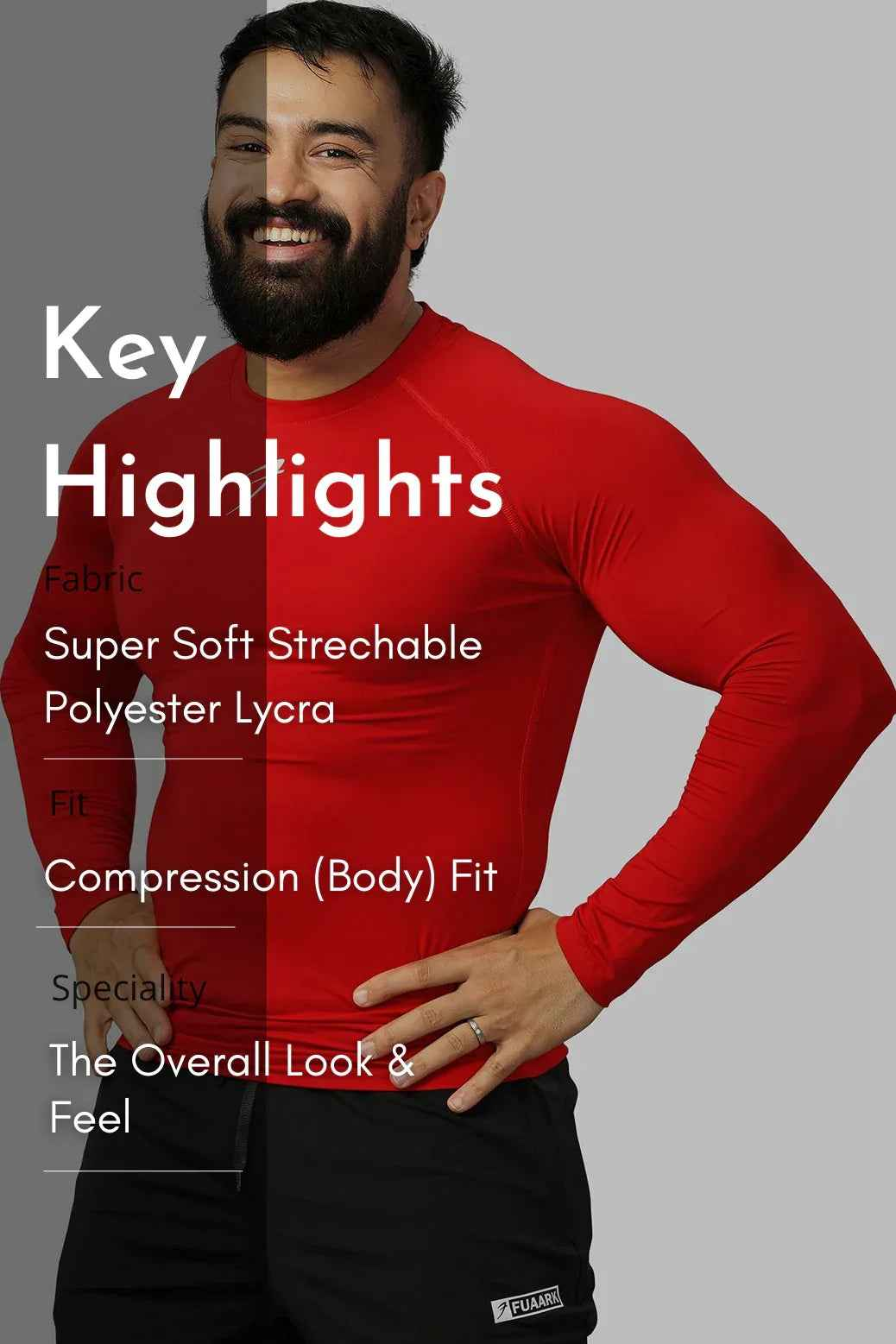 Red Fuaark NZ compression full-sleeves T-shirt, shown flat, highlighting its fitted design and stretchy fabric for athletic wear.