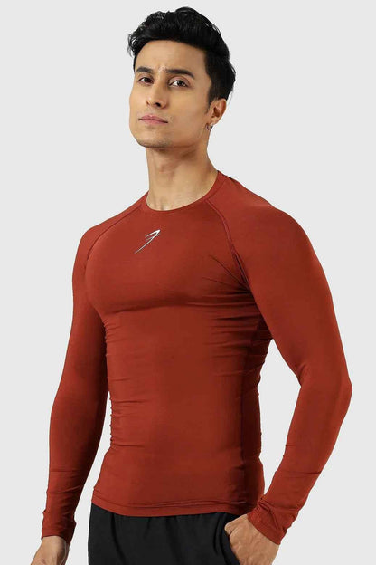 Fuaark Nz compression full-sleeve salsa T-shirt, athletic fit, vibrant red color, stretchy fabric, ideal for active wear.