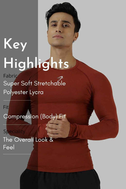 Fuaark Nz compression full-sleeves T-shirt in salsa color, designed for comfort and performance, shown on a model.
