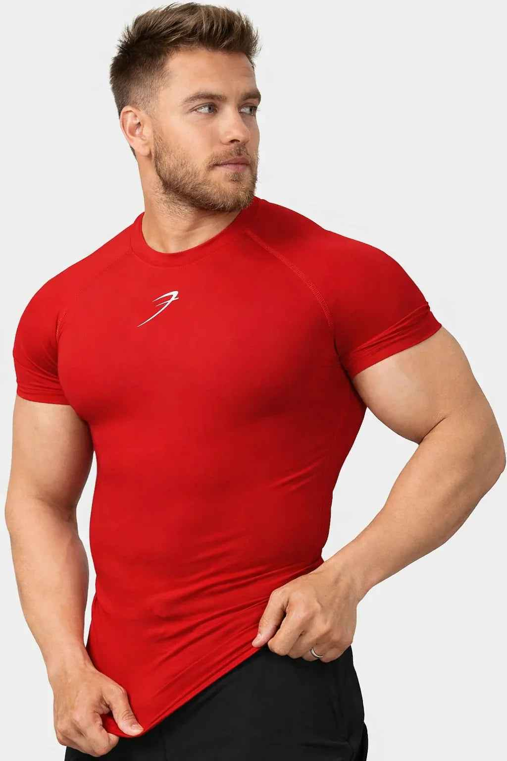 Fuaark Nz red compression T-shirt for men, designed for enhanced performance and comfort, with a snug fit and moisture-wicking fabric.