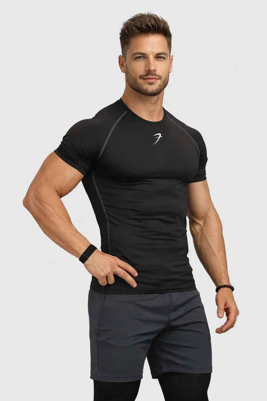 Black compression T-shirt from Fuaark Nz, shown on a mannequin, highlighting its fitted design and breathable fabric.