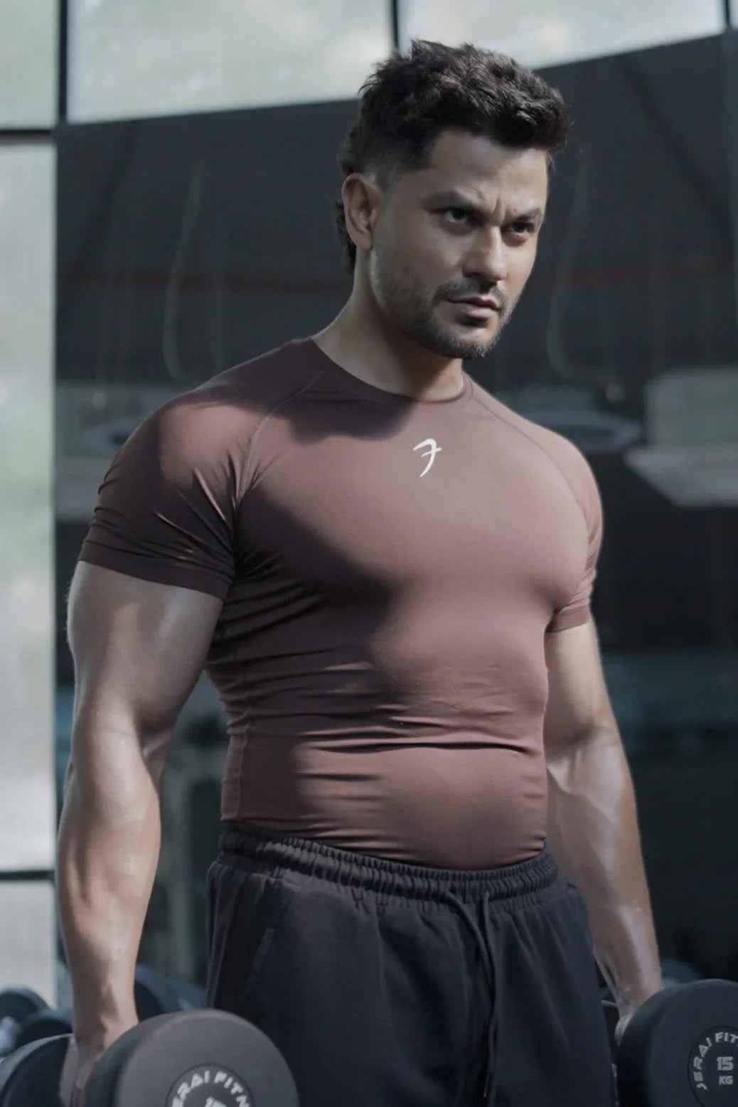 Brown compression T-shirt from Fuaark NZ, lightweight and form-fitting men's T-shirt for active wear.