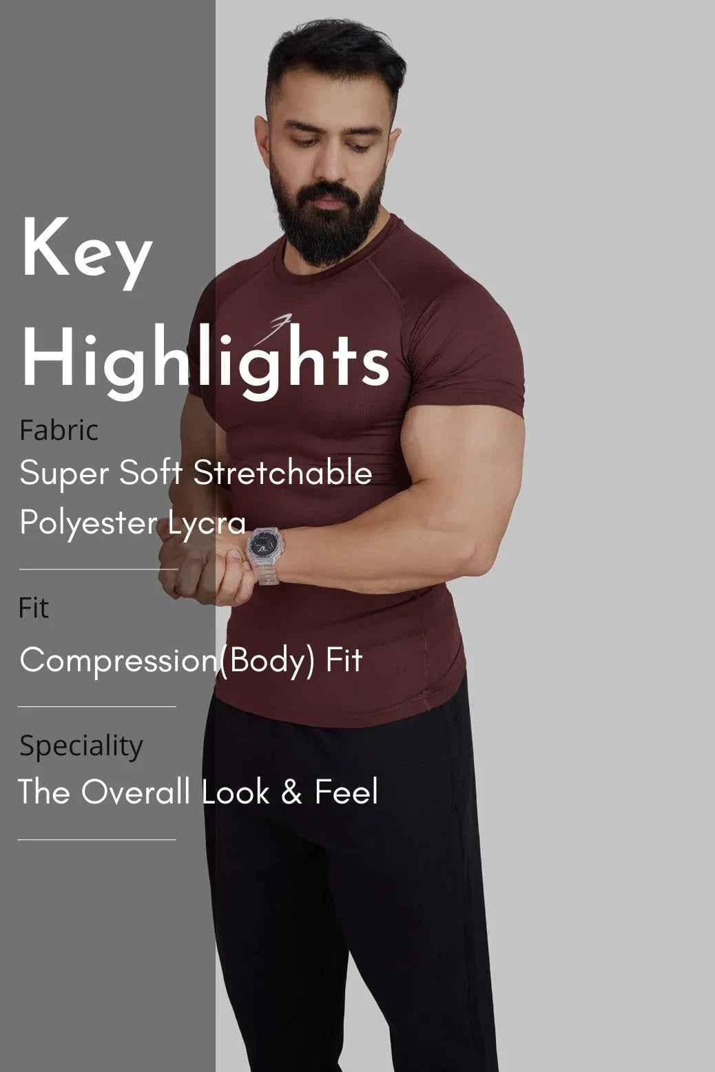 Brown compression T-shirt by Fuaark Nz, showcasing a fitted, athletic design ideal for active wear.