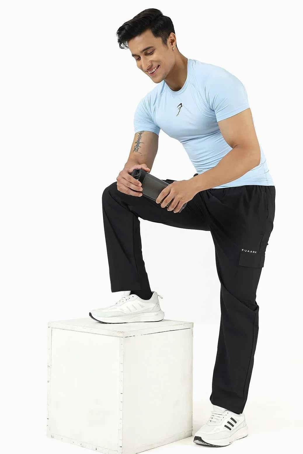 Men's compression T-shirt in glacial blue by Fuaark Nz, designed for athletic fit and moisture-wicking comfort.