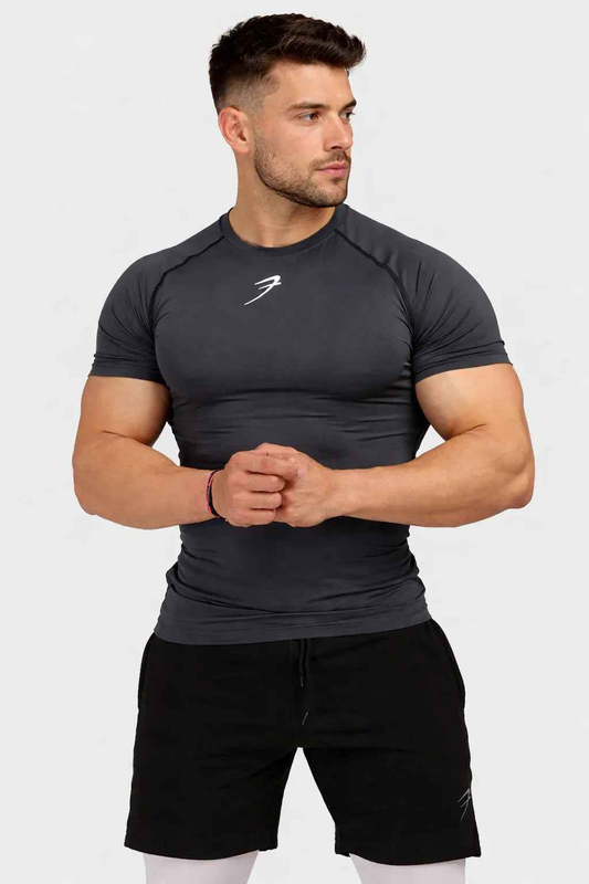 Grey compression T-shirt by Fuaark Nz featuring a snug fit and athletic design, ideal for sports and activewear.