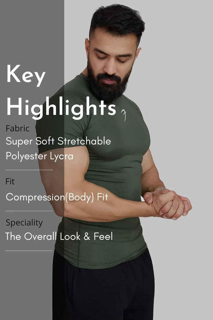 Olive green Fuaark Nz compression T-shirt for men, fitted athletic shirt with short sleeves and breathable fabric.