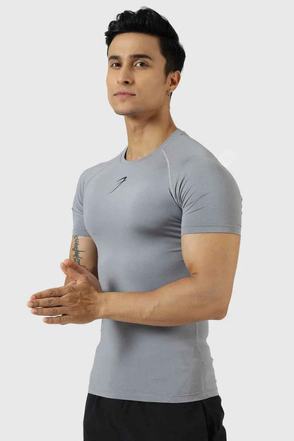 Fuaark Nz Sea Grey compression T-shirt, men's athletic tee with snug fit, moisture-wicking fabric, and short sleeves.