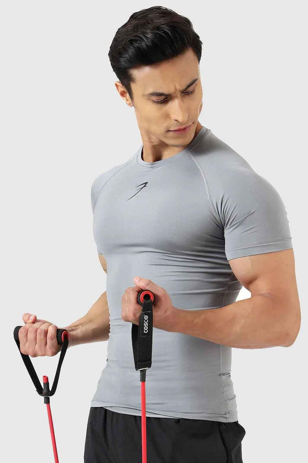 Fuaark NZ compression T-shirt in Sea Grey, close-up of fitted athletic T-shirt with short sleeves and breathable fabric.