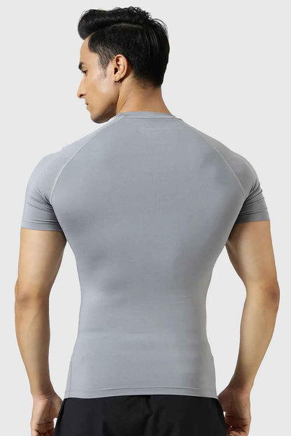 Sea grey Fuaark Nz compression T-shirt for men, showing a close-up of the fitted, high-performance athletic T-shirt.