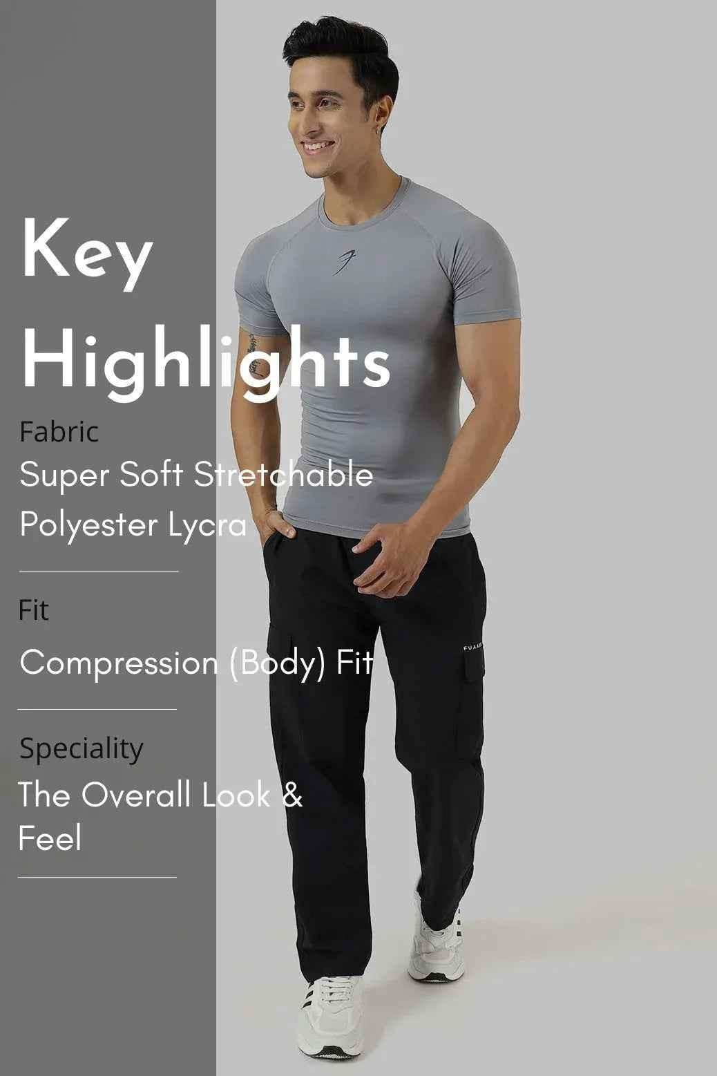 Fuaark NZ compression T-shirt in sea grey, close-up view showing fitted design and breathable fabric for active wear.