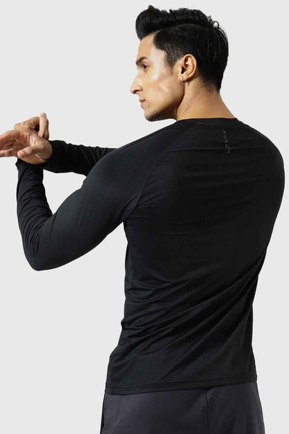 Black Core Fullsleeves T-shirt by Fuaark Nz, featuring a fitted design and long sleeves, shown on a plain background.