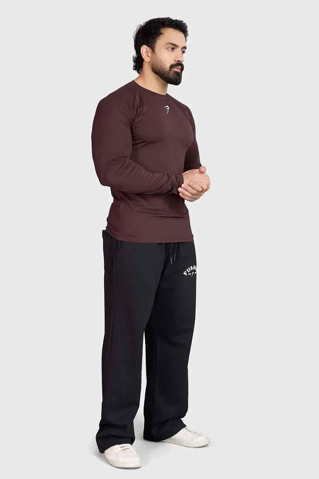 Fuaark Nz brown full-sleeves T-shirt, casual style, soft fabric, fitted design, visible neckline and sleeves.