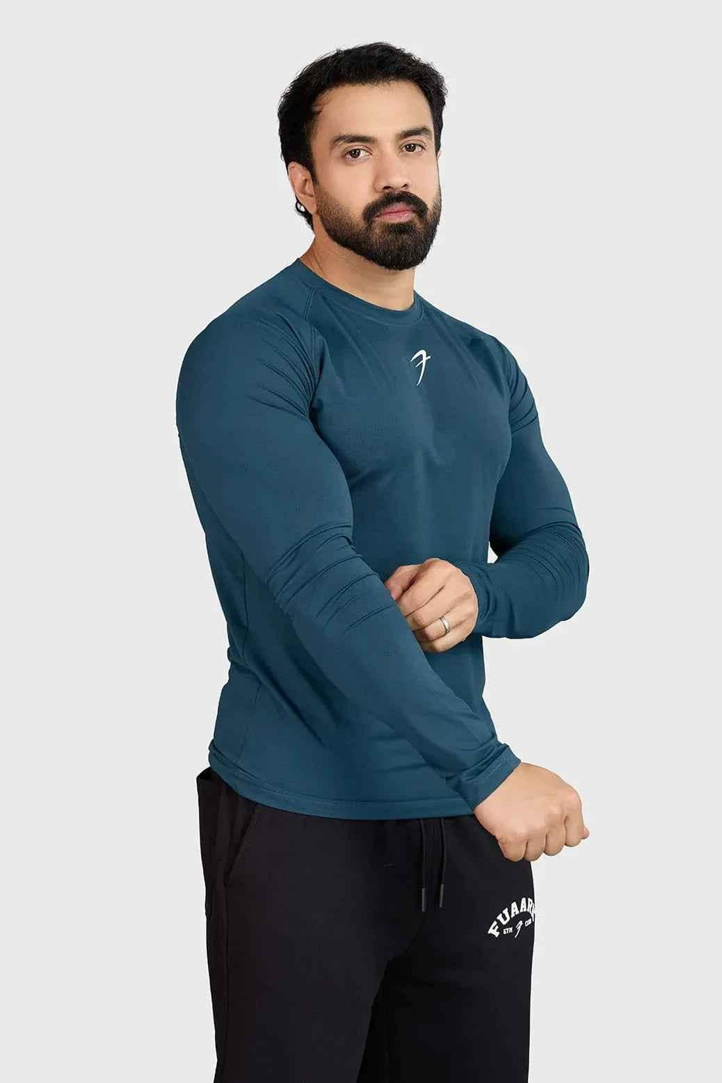 Fuaark Nz Core full-sleeves T-shirt in Orion Blue, casual men's T-shirt with long sleeves and round neckline.
