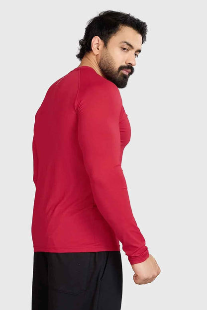 Red Fuaark Nz Core Fullsleeves T-shirt with long sleeves and crew neck, displayed flat on a white background.