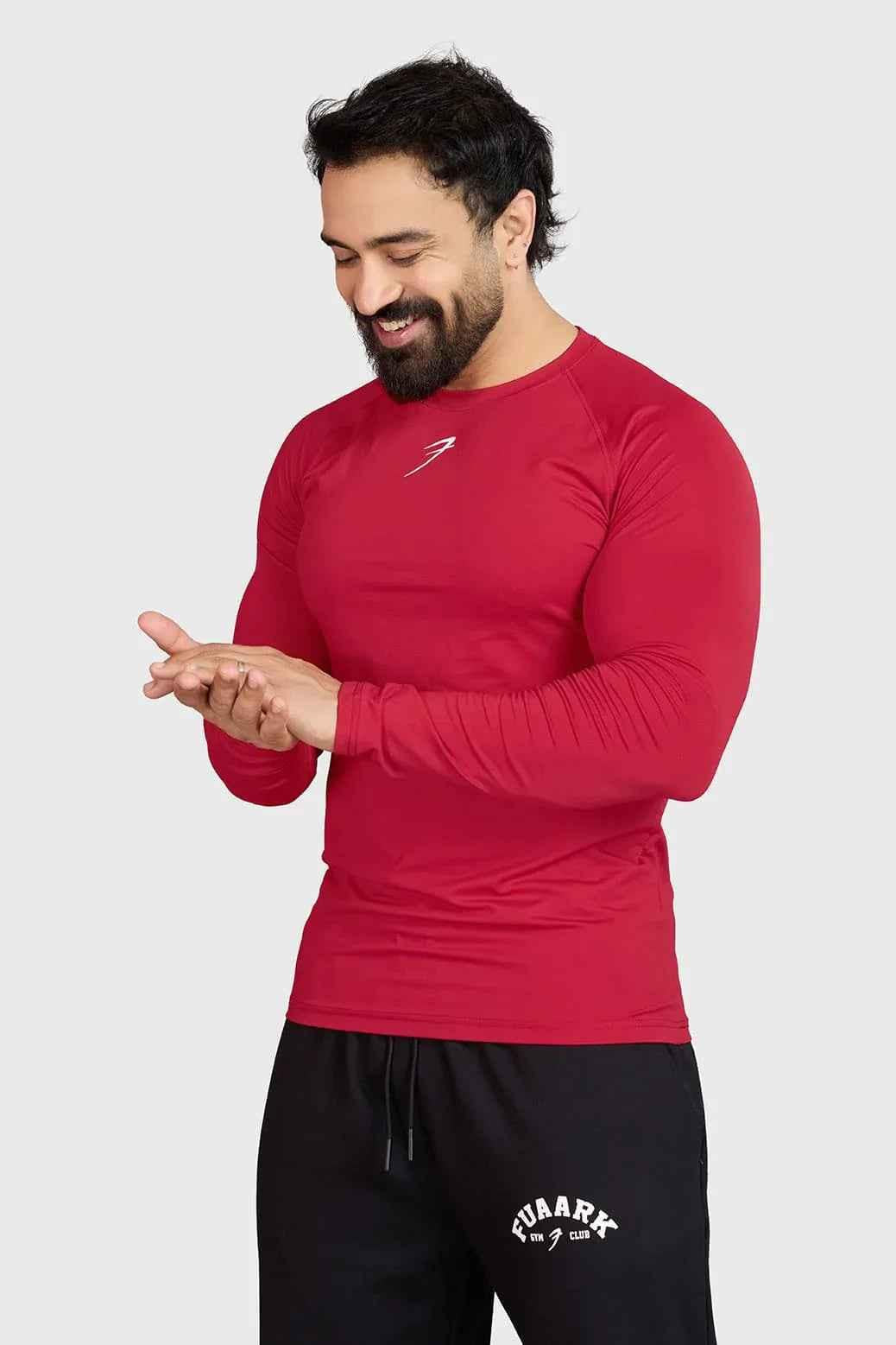 Red Fuaark Nz Core full-sleeves T-shirt for men, casual style, with visible fabric texture and fitted design.